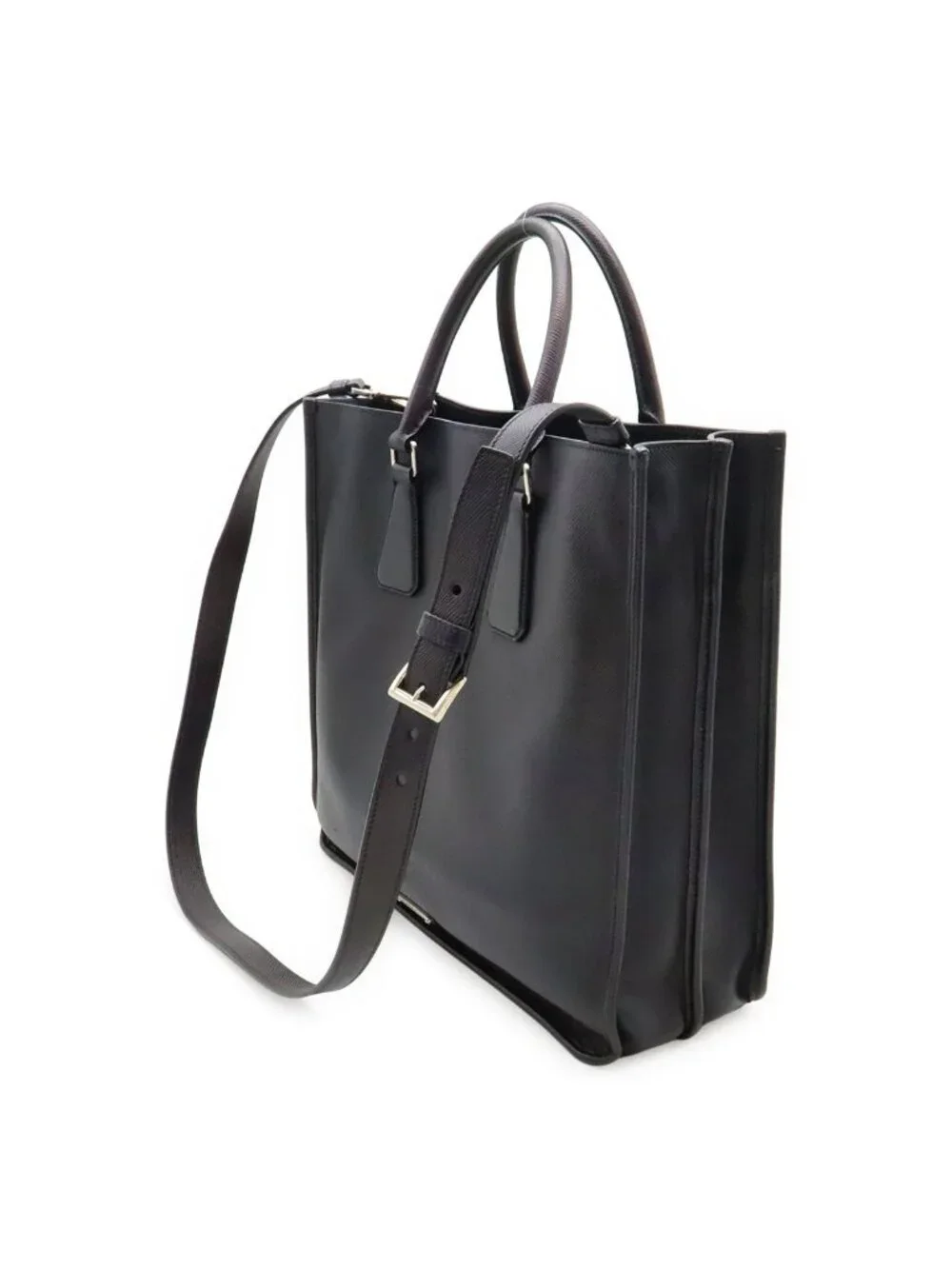 Prada Triangle Logo Saffiano Tote 2-Way Shoulder Bag Crossbody Leather Navy